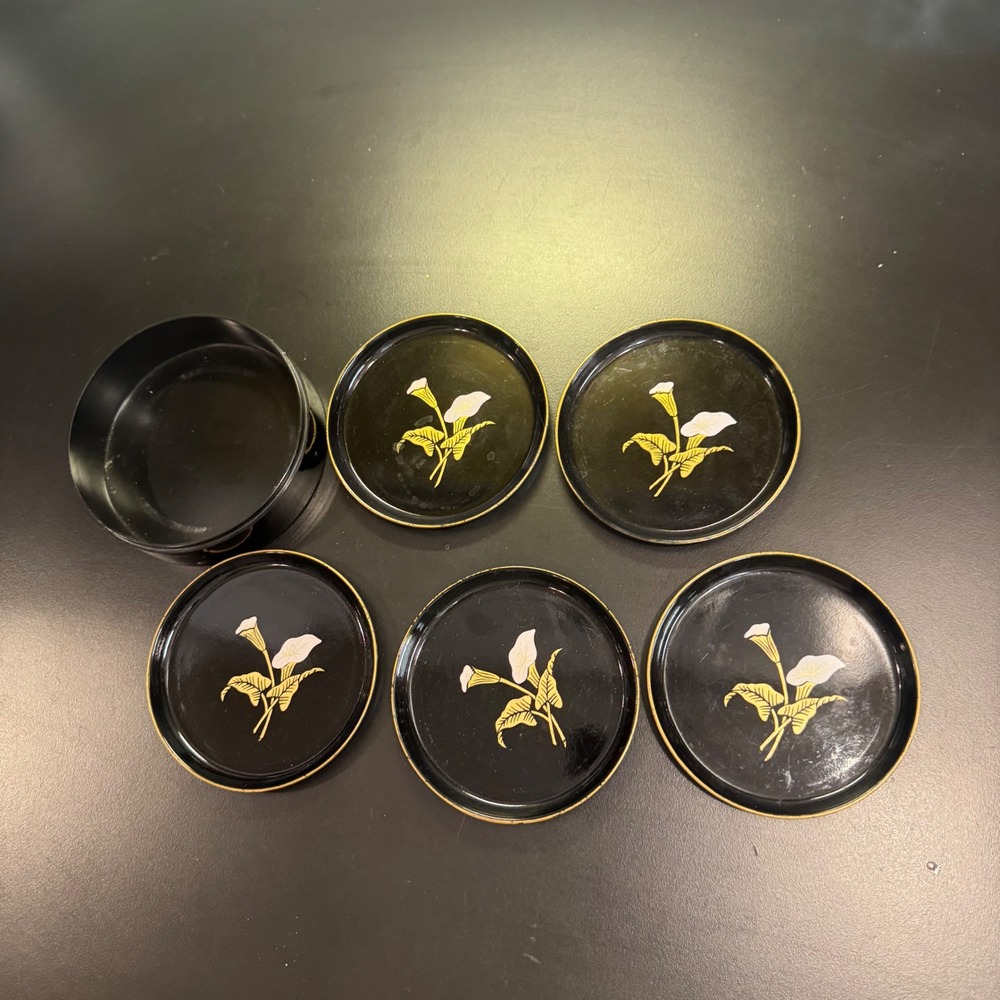 Asahi Coaster Set Vintage Black Calla Lily Floral Lacquerware Japan  No Lid